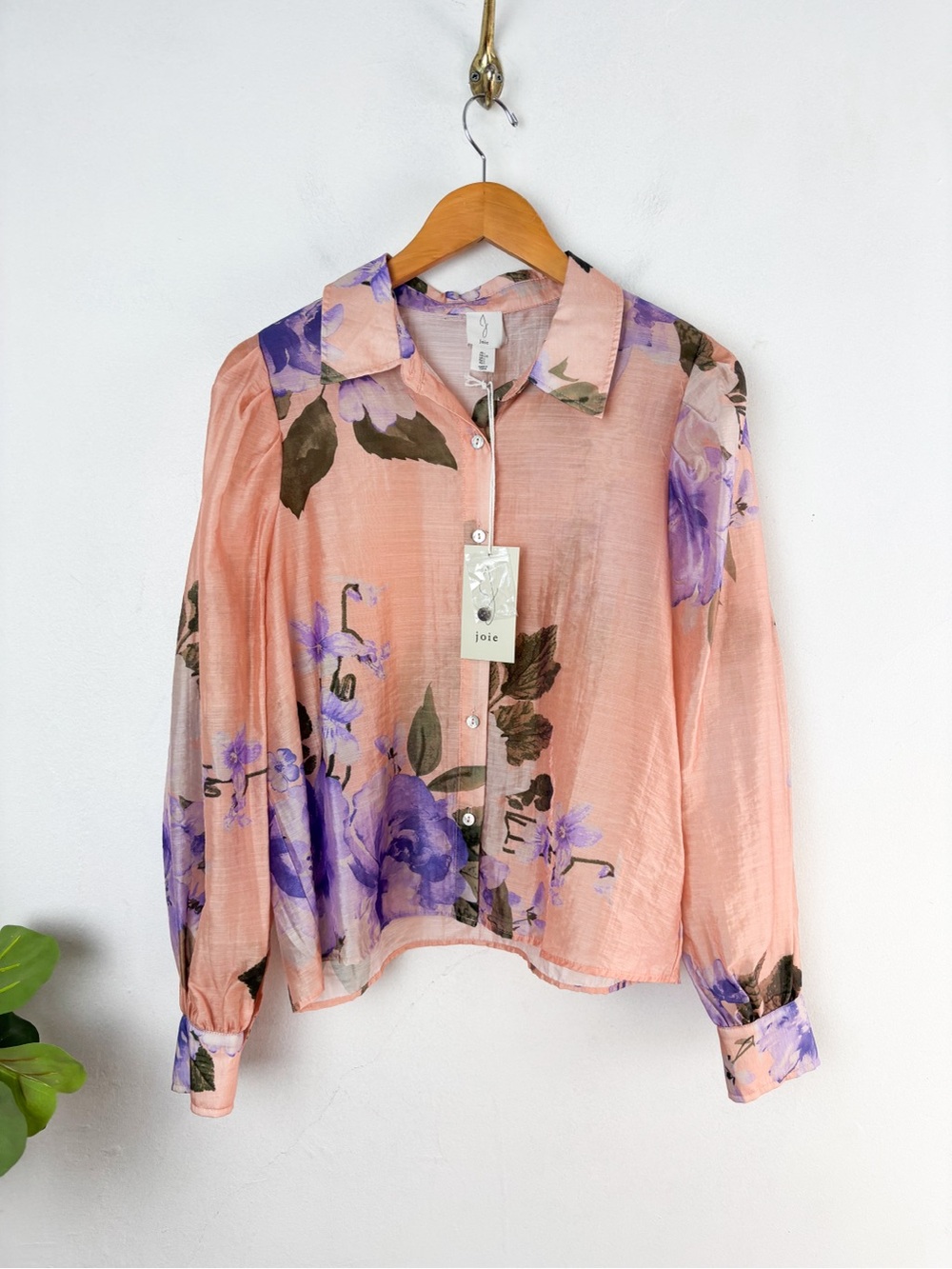 NWT Joie Sheer Floral Puff Sleeve Blouse Sz L